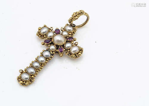 A late 19th/early 20th Century Italian gold ruby and seed pearl cross pendant, the graduated oval