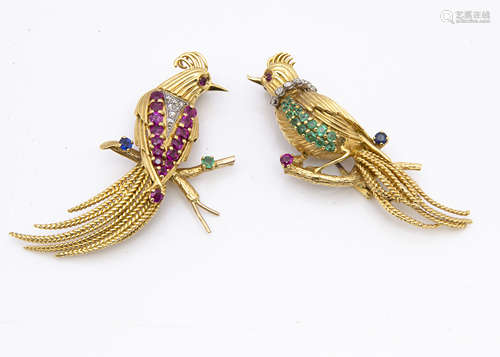 Two continental yellow metal jewel encrusted exotic bird brooches, set with rubies, diamonds,