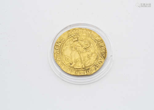 An Henry VIII hammered gold Angel coin, first coi****, ref. Spink 2265, F-VF, Portcullis Crowned