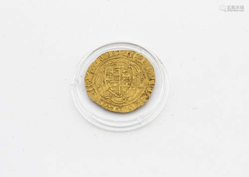 An Henry V hammered gold Quarter Noble coin, ref. Spink 1758, F, rim clipped and misshapen, 1.1g and