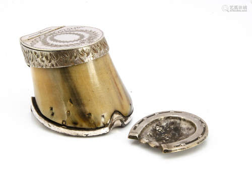 A Victorian silver plated mounted horse hoof inkwell, together with a late Victorian silver