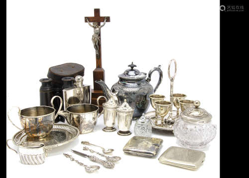 A collection of silver and silver plate and other ****s, including a pair of silver peppers, one