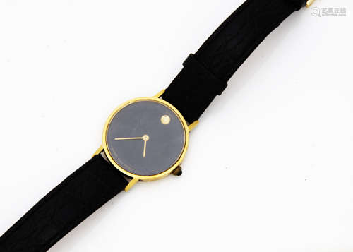 A Movado Zenith quartz 18ct gold cased dress watch, 31mm, black dial, on black leather strap not