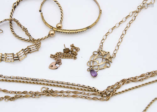 A collection of 9ct gold, including a four bar bracelet with padlock clasp, two bangles, Art Nouveau