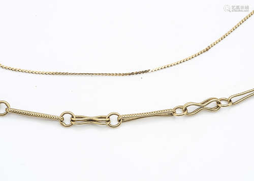 An 18ct gold fancy and engraved bracelet, and a flattened curb linked gold chain now af, 6.5g