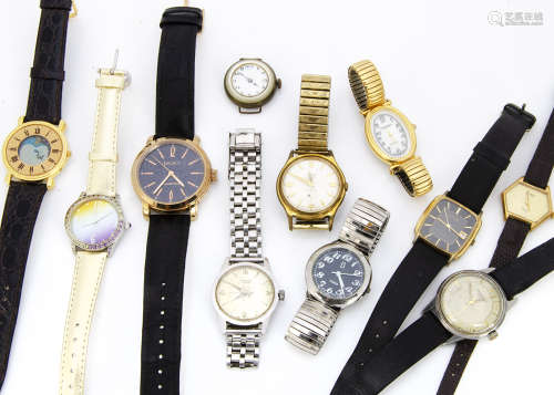 A group of el***n vintage and modern wristwatches, including a small trench style with mother of