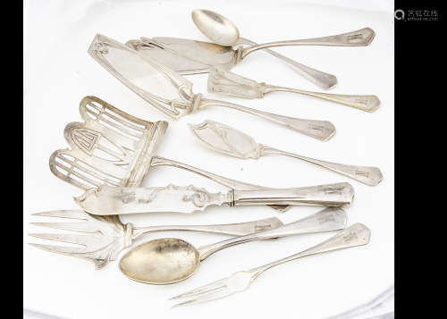 A collection of Jugendstil German silver serving implements and part dessert set by H. Meyen & Co,