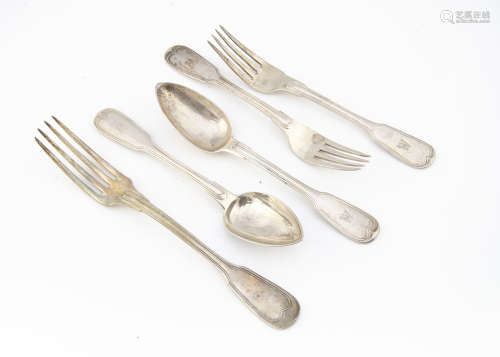 A set of six early 20th Century Russian silver dessert spoons and forks by Kordes, fiddle and thread