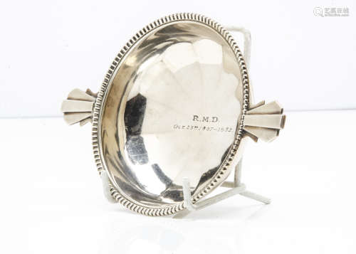 An Art Deco period silver quaich by Adie Bros, 3.2ozt, 17cm wide, with engraved initials and date to