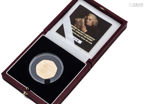 A modern Royal Mint UK Gold Proof 50p coin, celebrating the 250th Anniversary of Samual Johnson's