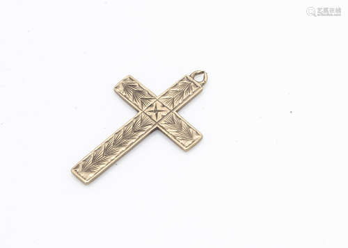 A 9ct gold cross pendant, with engraved front, marked B&S 9ct, 2.5cm x 1.5cm, 1.2g