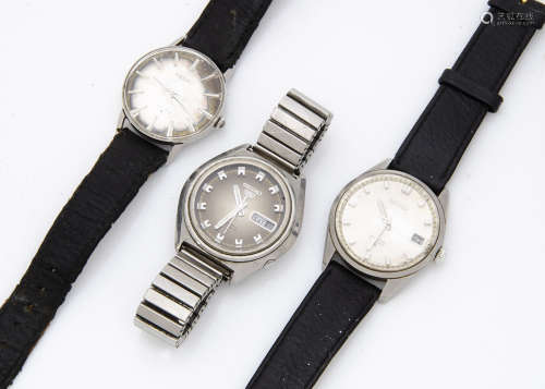 A c1970s Seiko 5 automatic stainless steel gentleman's wristwatch, on later strap, together with two