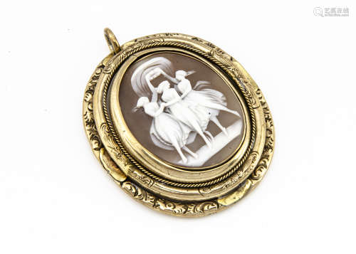A 19th Century pinchbeck rotating shell cameo pendant converted from a brooch, decorated with the