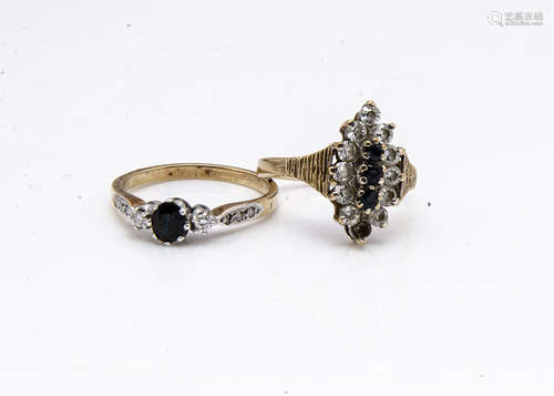 Two 9ct gold gem set rings, comprising a three stone set with sapphire and cubic zirconia, ring size