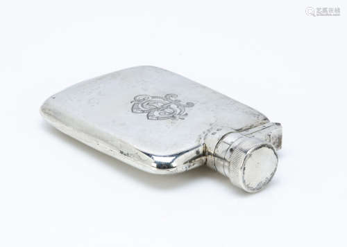 An Edwardian silver hip flask, the 1/12 PT rectangular vessel bearing engraved initials, overall