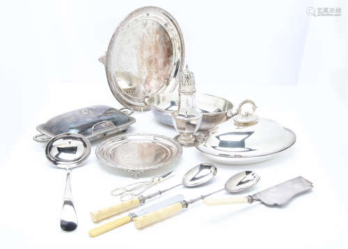A collection of Victorian and later silver plated ****s, including three entrée dishes, a biscuit