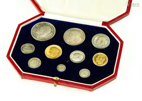 A Royal Mint George V ten coin Specimen Coins set, in fitted red case, comprising full and half
