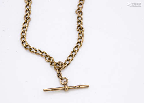 An 18ct gold double albert watch chain, or necklace with curb links and removable T bar, snap clasp,