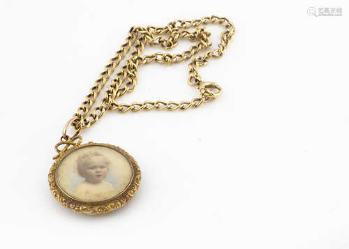 An 18ct gold curb linked necklace, supporting a 19th Century chased work circular double open