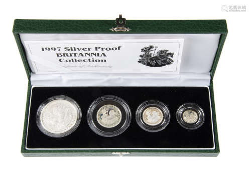 A Royal Mint UK Britannia Silver Proof coin set, dated 1997, the four coins in fitted case with