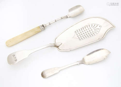 A nice Edwardian silver and ivory handled stilton scoop by HA, together with a George III silver