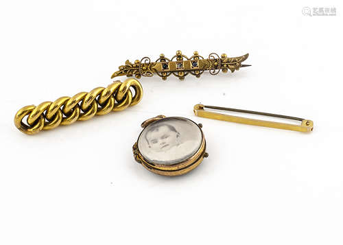 Three gold brooches, two 15ct gold examples, one of flattened curb link, the other set with