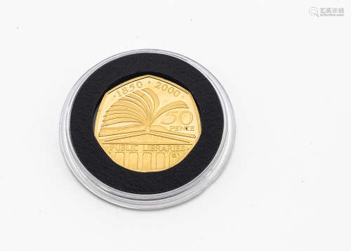 A modern Royal Mint gold 50 pence coin, proof like, unc, celebrating Public Libraries, approx 15.5g