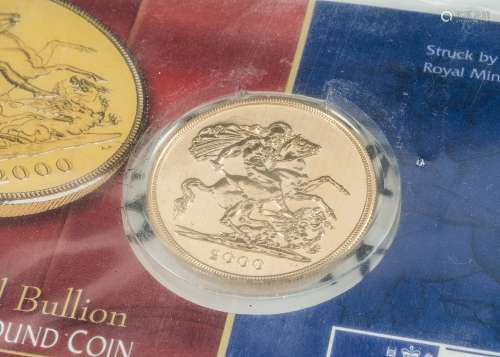 A Royal Mint Gold Bullion Five Pound gold coin, dated 2000, in card mount and unsealed, 22ct gold