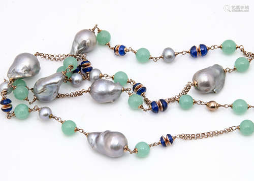 A silver gilt long necklace, set with blister pearls, enamel beads and treated jade, 55cm