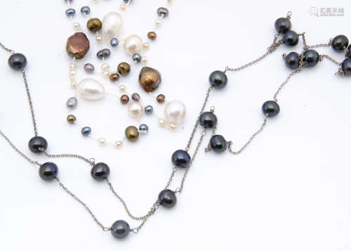 An opera len*** freshwater cultured pearl necklace, of various baroque, black, silver and white