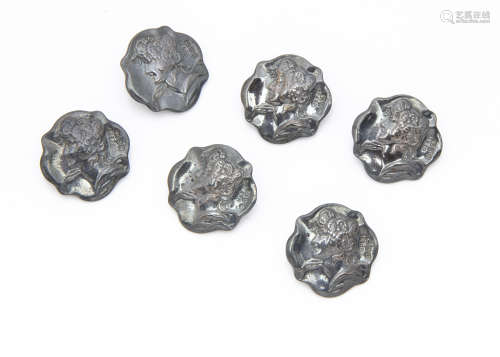 A set of six Edwardian silver buttons by J & RG, each with a lady's head, Chester 1903 (6)