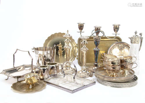 A collection of silver plate, including a pair of circular trays, glass and plated claret jug, an