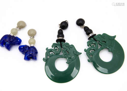A pair of Angela Caputi Chinese style clip on plastic earrings, in green fleece pouch, 12cm,