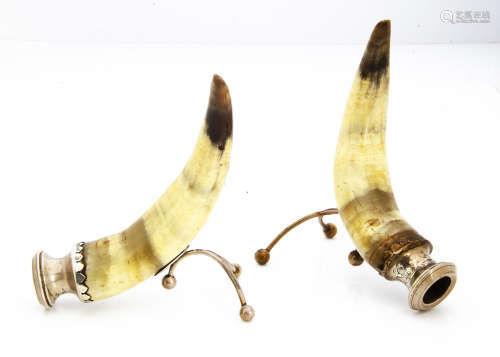 A pair of Victorian cow horn and silver candle holders by EB, 13cm and 13.5cm high, one with damaged
