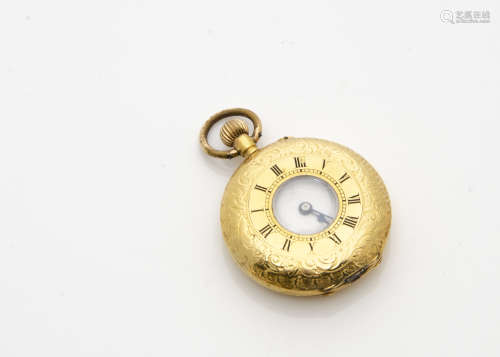 An early 20th Century 18ct gold half ***ter lady's pocket watch, 30mm engraved case, AF, 25.3g
