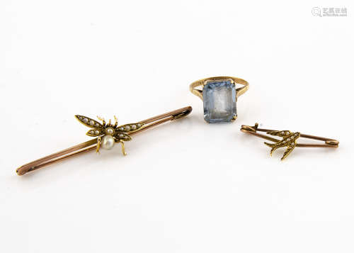 A 9ct gold and seed pearl bug bar brooch, together with a seed pearl gold swallow mounted safety pin