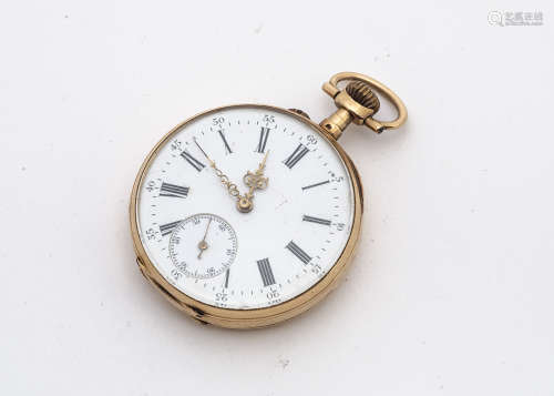 A late 19th Century French gold open faced pocket watch, 42mm, appears to run, base metal dust