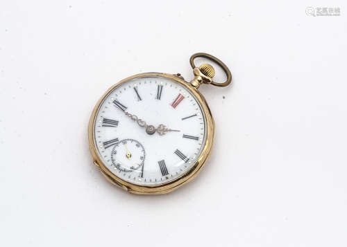 A late 19th Century Continental 14ct gold open faced pocket watch, 44mm, appears to run, base