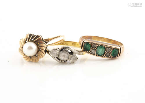 Three gem set rings, including an 18ct gold crossover with paste stones, ring size N, 2.6g, a