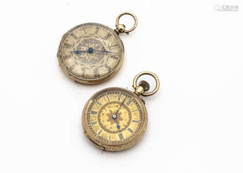 Two late 19th Century Continental 14ct gold open faced ladies pocket watches, the top wind example