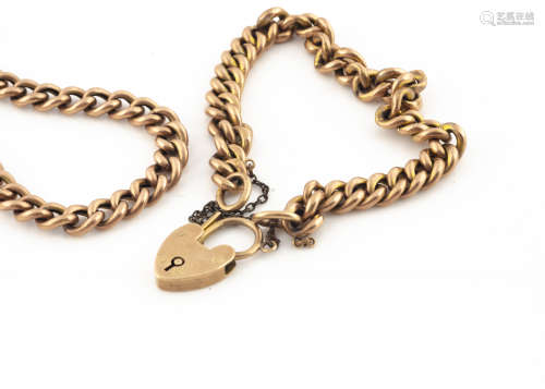 A 9ct gold curb link and padlock clasp bracelet, and another similar without clasp, 22g