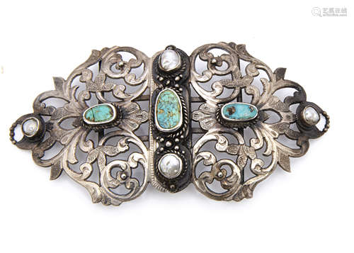 An early 20th Century white metal, mother of pearl and turquoise belt buckle, with Tunisian marks to