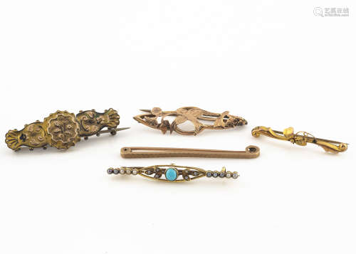 An Edwardian gold and seed pearl turquoise set bar brooch, another Victorian example with pierced