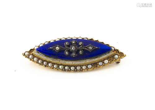 A 19th Century gold, diamond, seed pearl and enamel, navette shaped brooch, the guilloche enamel