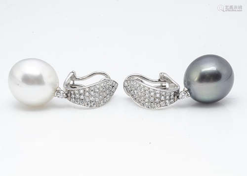 A pair of pearl and diamond earrings, the pave set diamond clips with brilliant cuts weighing