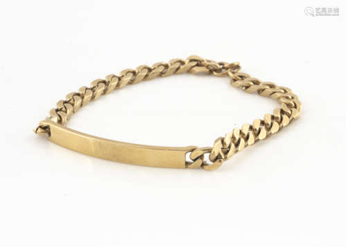 A 9ct gold flattened curb link identity bracelet, the curved unengraved section with chain links