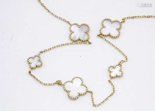 An 18ct gold and mother of pearl Alhambra style necklace, marked 750 to clasp, 48cm together, 37g