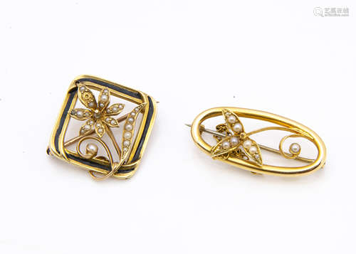 A 19th Century seed pearl and enamel mourning brooch, marked 15ct, and another yellow metal and seed