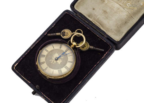 A mid Victorian period continental gold open face pocket watch, 38mm, appears to run well, 37.7g, in