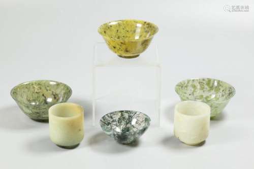 6 Chinese jade/stone bowls/cups